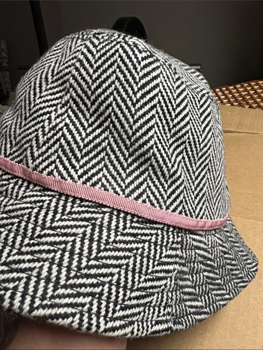 J. Crew Black & White Herringbone Bucket Hat with Pink Ribbon